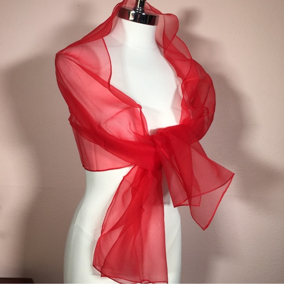 Vintage 40 50 Retro Sheer Red Oversized Long Scarf Wrap Minimalist Evening - Picture 12 of 15